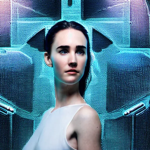 Image similar to beautiful centered Fine art photo portrait of enraptured young Jennifer Connelly as a solarpunk robotic humanoid, white mechanical parts with led lights, photorealistic, white background, highly detailed and intricate, sunset lighting, HDR 8k