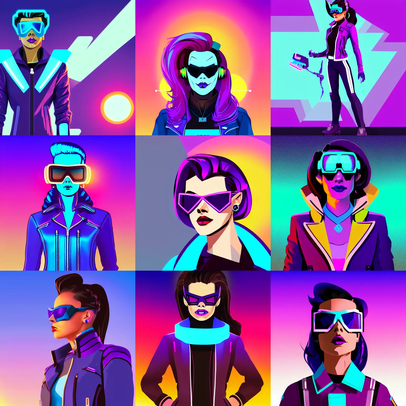 Prompt: sombra from overwatch with light blue shutter shades in front of a sunset, a dark purple leather jacket, one side brown haircut with blue tips on the end, vector art by jan tengnagel, pixabay contest winner, retrofuturism, retrowave, synthwave, outrun, portrait, synthwave