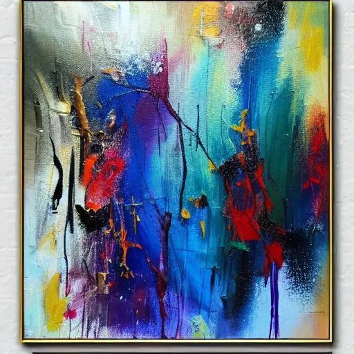 Image similar to abstract art painting, light to dark, bold brush strokes and random paint splatters, acrylic on canvas