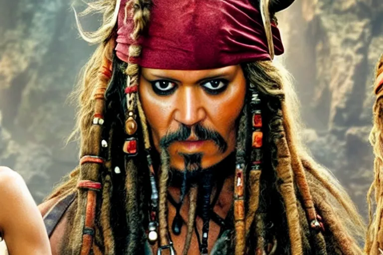 Image similar to A high quality movie still from the film Pirates of the Caribbean, starring Chewbacca as Jack Sparrow, alongside Keira Knightly