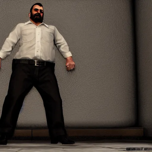 Prompt: a midage italian male, short black hair with gel, sharp teeth, overweight, fine white shirt, leather belt, black pants, leather shoes, smoking a cigar, full body, isolated background, gta v style, concept art, highly detailed, hyper realistic, unreal engine