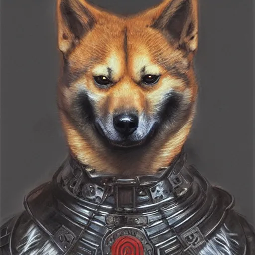 Prompt: anthropomorphic shiba inu, wearing anime berserk armor and sword, darkness aura red light, fantasy, dark, portrait art by donato giancola and greg rutkowski, realistic face, digital art, trending on artstation, symmetry