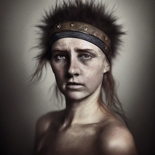 Image similar to Award Winning Portrait of a prehistoric weathered English Female with beautiful eyes wearing pelts and a leather headband by Lee Jeffries, 85mm ND 5, perfect lighting,