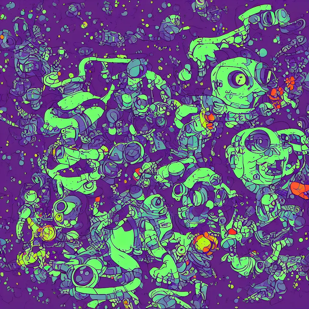 Image similar to indigo toads, ryuta ueda artwork, breakcore, jet set radio artwork, y 2 k, gloom, space, cel - shaded art style, broken rainbow, data, minimal, speakers, code, cybernetic, dark, eerie, cyber