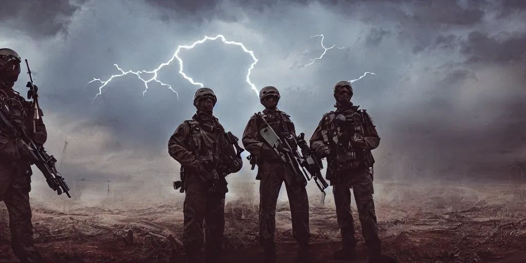 Prompt: photograph of private military company operatives standing outside carbon capture facility, cinematic, realistic, detailed, intricate, dramatic, ambient lightning, by jordan grimmer, pop art style, 3 5 mm film grain,