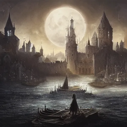 Image similar to medieval city floating above a sea in the moonlight with some puffs of clouds with a dark and gloomy theme, ultra fine detail, concept art, matte painting,