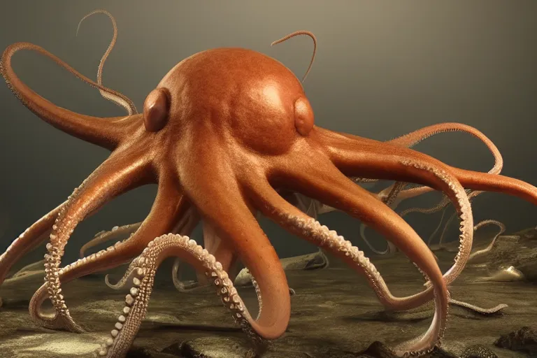 Prompt: An octopus made of muscles and flesh, very angry, teeth, ambient light, terror, glows, realistic, photo-realism, hyper realism, picture, detailed, 3D render, scary, distant shot, in the distance,