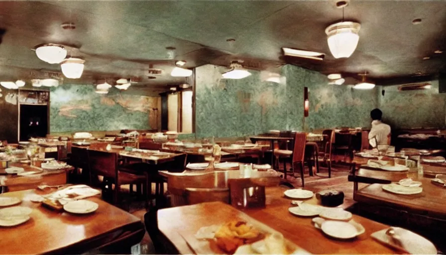 Prompt: 70s movie still of north korean restaurant, eastmancolor, heavy grain, high quality, higly detailed, liminal space