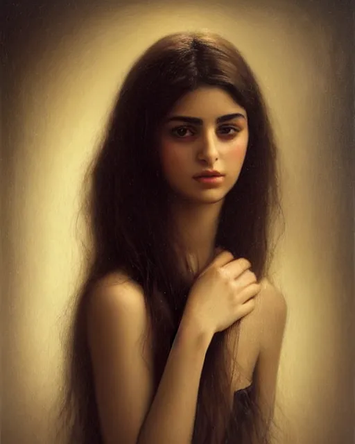 Image similar to a highly realistic, true to life portrait of a beautiful young middle eastern girl, soft focus, from the waist up, with sharp features, a beautiful face, soft smile, under studio lighting, taken with a canon eos camera with 1 3 5 mm focal length, art by karol bak, james jean, tom bagshaw, trending on artstation,