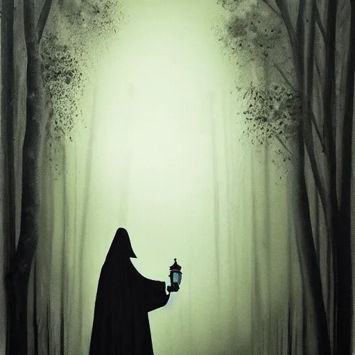 Prompt: dark eerie painting of a cloaked figure holding a lantern in the forest