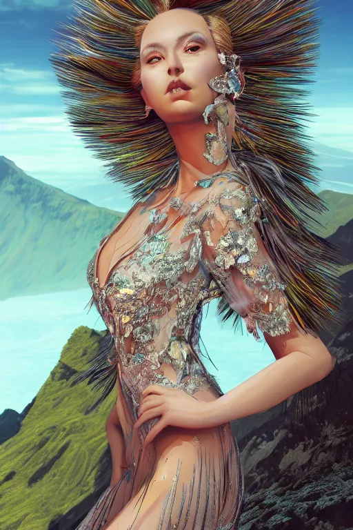 Image similar to a beautiful hyperrealistic ultradetailed 3D, one girl in a magnificent dress stands near a volcano, voge photo, fashion style, fullbody, in full growth, photorealistic, high resolution, trending on artstation, highly detailed, volumetric lighting,artstation, concept art, master illustration, elegant, details, good clear quality, volumetric lighting,