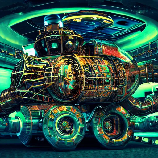 Image similar to album art, album name is tripmachine, photo of a huge futuristic steampunk motor inside a machinery, 8 k, fluorescent colors, halluzinogenic, multicolored, exaggerated detailed, front shot, 3 d render, octane