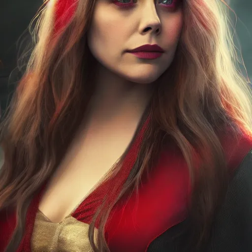 Prompt: Elizabeth Olsen as the Scarlet Witch in alt attire and heavy alt makeup, trending on artstation, gloomy atmosphere, photorealistic facial features, 4k, 8k