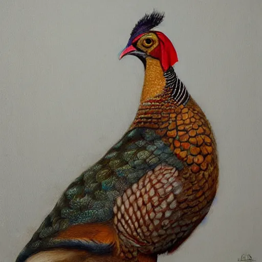 Prompt: Pheasant holding a sword, by lily seika jones , rivuletpaper art, very detailed, oil painting, harsh fairy tale, soft style, hyperrealism, beautiful, high resolution, trending on artstation, steps 50