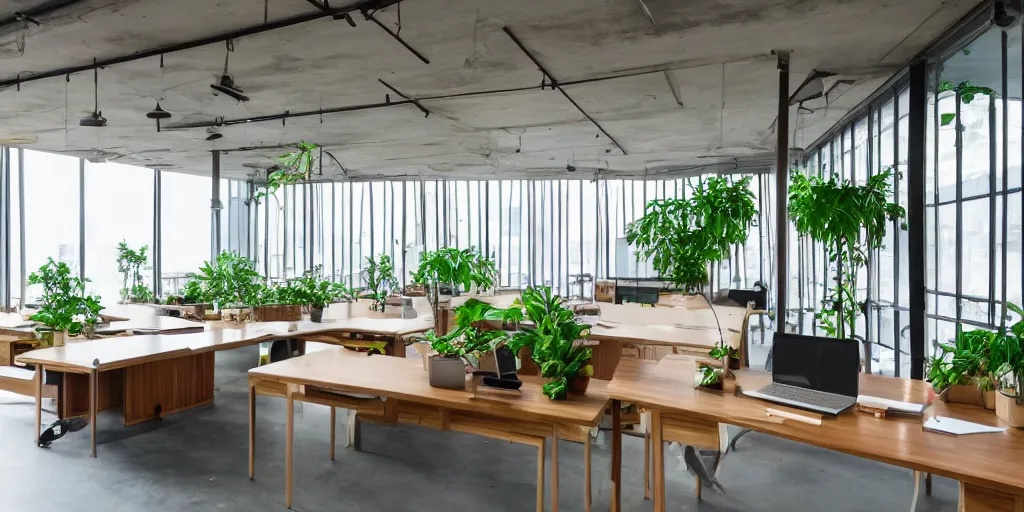 Image similar to an indonesia themed work space interior, walnut wood, minimalism, large windows, multiple desks, meeting desks, technology, cupboards, green plants, large windows with a view of a park, industrial, concrete, bamboo, 8 k