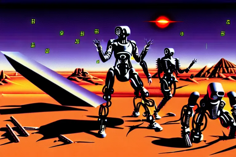 Image similar to cybernetic evil warzone bladed weapons razor projectiles humanoids goin stupid, desert scene