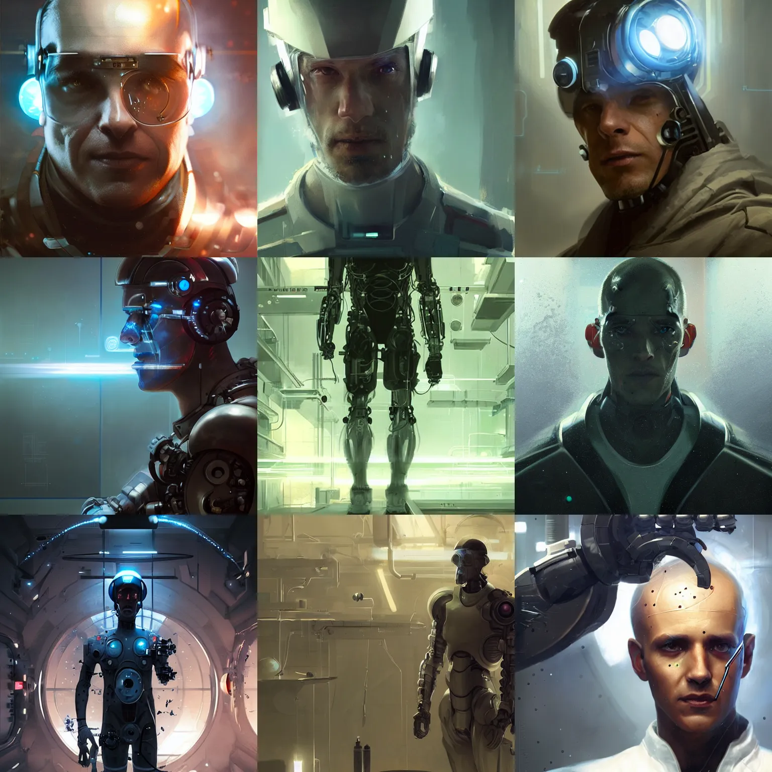 Prompt: a laboratory operator man with cybernetic enhancements, futuristic gear, scifi character portrait by greg rutkowski, craig mullins, cinematic lighting
