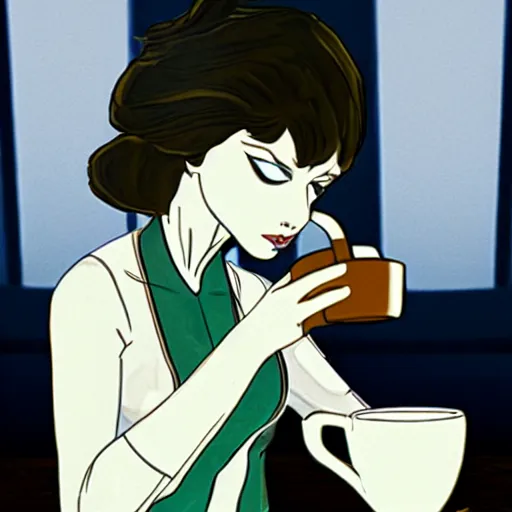 Image similar to photo of glados ( from portal ) drinking tea, realistic, sharp focus