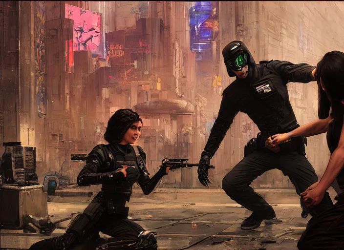 Prompt: Sophia evades sgt Griggs. Parkour Cyberpunk hacker escaping Menacing Cyberpunk police trooper griggs. (dystopian, police state, Cyberpunk 2077, bladerunner 2049). Iranian orientalist portrait by john william waterhouse and Edwin Longsden Long and Theodore Ralli and Nasreddine Dinet, oil on canvas. Cinematic, vivid colors, hyper realism, realistic proportions, dramatic lighting, high detail 4k