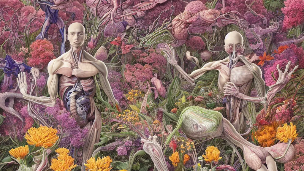 Image similar to highly detailed illustration of a human anatomy body exploded by all the known species of flowers by juan gatti, by makoto shinkai, by moebius!, by oliver vernon, by joseph moncada, by damon soule, by manabu ikeda, by kyle hotz, by dan mumford, by kilian eng