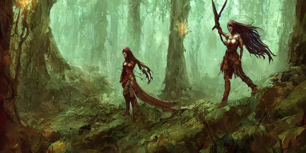 Image similar to a female angel warrior reigns on a magical forest, marc simonetti, detailed, artstation