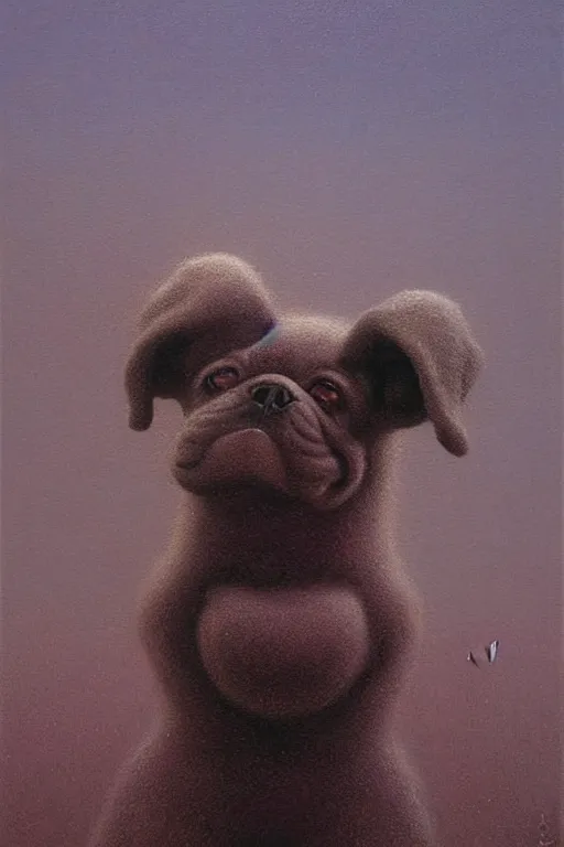 Image similar to painting of a very very very cute dog made entirely of beans, close up of a puppy, by zdzislaw beksinski, by dariusz zawadzki, by wayne barlowe, gothic, surrealism, cosmic horror, lovecraftian, cold hue's, warm tone gradient background, concept art, beautiful composition