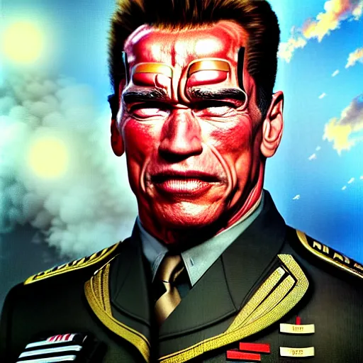 Image similar to uhd photorealistic portrait of arnold schwarzenegger in nazi uniform, by amano, ayami kojima, greg rutkowski, lisa frank, mark brooks, and karol bak, masterpiece, cinematic composition, dramatic pose, studio lighting, correct face, hyperdetailed, intricate details