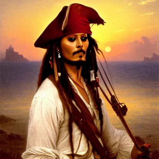 Image similar to Painting of Jack Sparrow. Art by William Adolphe Bouguereau. During golden hour. Extremely detailed. Beautiful. 4K. Award winning.