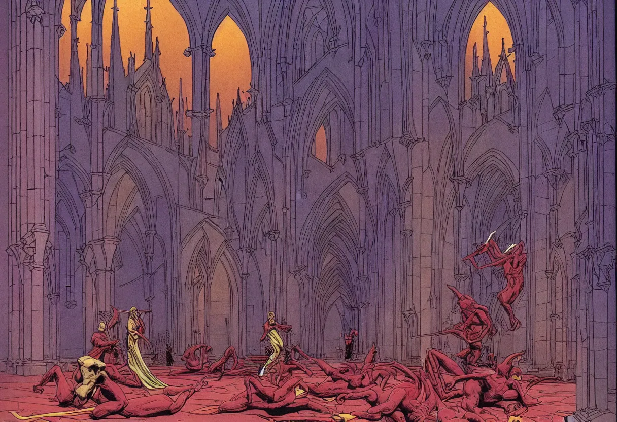 Prompt: devils in the cathedral by moebius