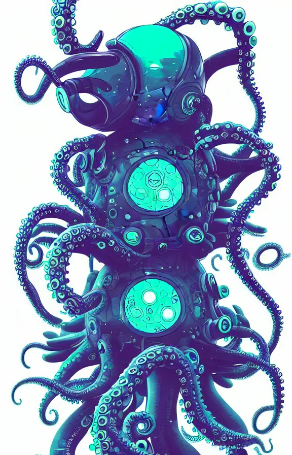 Image similar to robotic cyberpunk octopus by miyazaki, blue green purple color palette, illustration, kenneth blom, mental alchemy, james jean, pablo amaringo, naudline pierre, contemporary art, hyper detailed