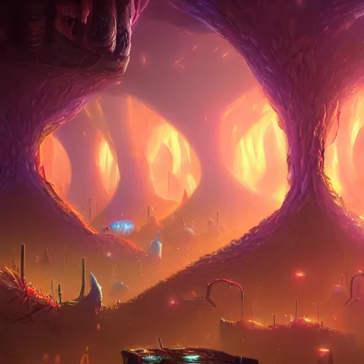 Image similar to concept art detailed painting of a dark purple fungal city made of mushrooms, with glowing blue lights, in the style of jordan grimmer and neil blevins and wayne barlowe