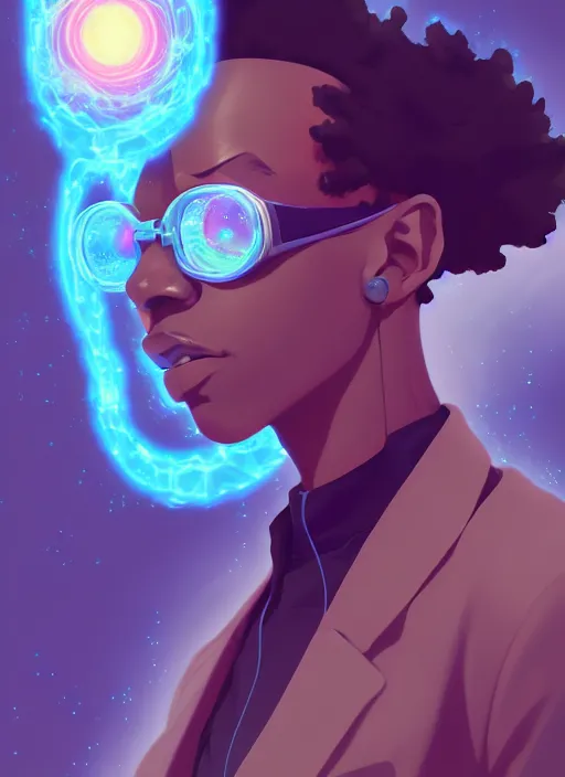 Image similar to afro - futurist scientist ( male, masculine ) in a lab studying holographic schematics + medium length shot | hyperrealistic digital painting by makoto shinkai, ilya kuvshinov, lois van baarle, rossdraws | afrofuturism in the style of hearthstone and overwatch, trending on artstation | purple palette and complimentary colors