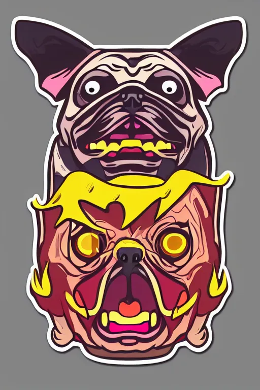 Image similar to Evil pug, the devil, sticker, blood thirsty, spawn of Satan, blood, evil, colorful, illustration, highly detailed, simple, smooth and clean vector curves, no jagged lines, vector art, smooth