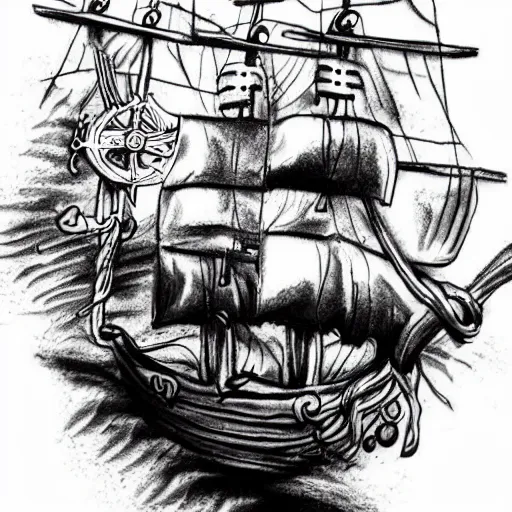 Image similar to A magical pirate ship tattoo realistic tattoo sketch on white background, hyper realistic shaded tattoo, award winning tattoo