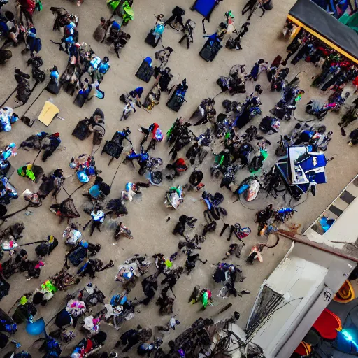 Image similar to an intricate drone photograph of a lan party, ultra wide lens, aerial photography,