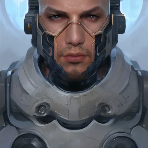 Image similar to male cyborg soldier, painted sci-fi character portrait, highly detailed, digital painting, artstation, concept art, sharp focus, illustration, art by artgerm and greg rutkowski and alphonse mucha