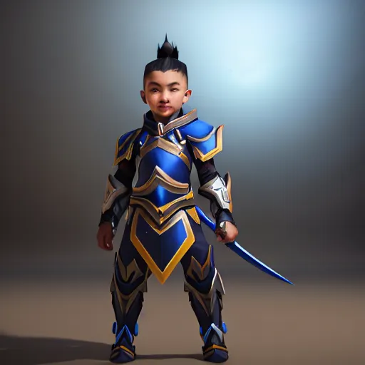 Image similar to a young boy with the appearance and armor of hanzo from overwatch, design, octane render, 4 k, ingame shot