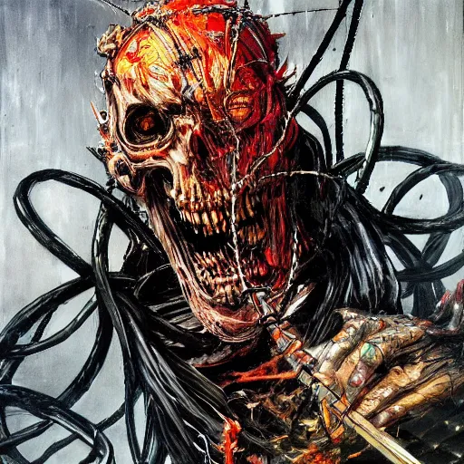 Prompt: demonic cyberpunk ghost rider swinging a barbed wire whip, extremely detailed concept art, palette knife oil painting, dark saturated colors, terrifying masterpiece, maximalist, full body portrait, black background, horror, by Ralph Steadman, by Giger, by Christian Lacroix