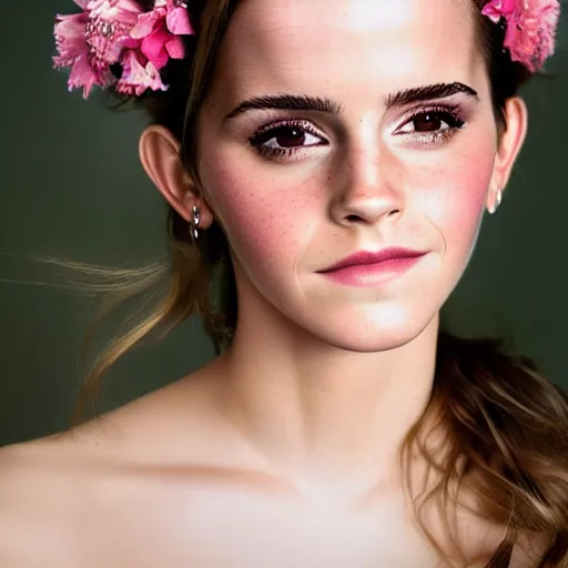 Image similar to emma watson with a multiflower crown princess, sensual, beautiful soft light failling on her face, studio photography, nikon 3 5 mm portrait photography, ultra realistic