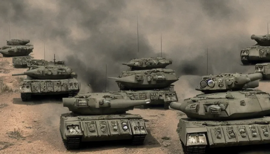 Image similar to Big budget war movie about an epic battle between experimental tanks with too many weapons.