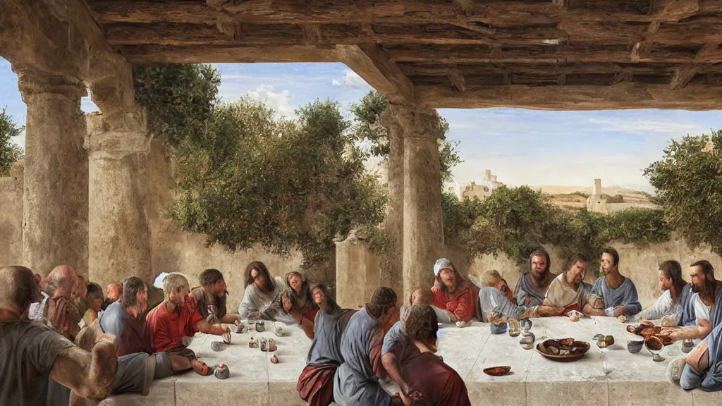 Image similar to soccer players seating in the scene of the last supper, under the porch of a typical portuguese house, with typical alentejo landscape in the back, sunny morning, matte painting, oil canvas, photorealistic illustration, extreme detail, hyper realistic, highly detailed, digital art