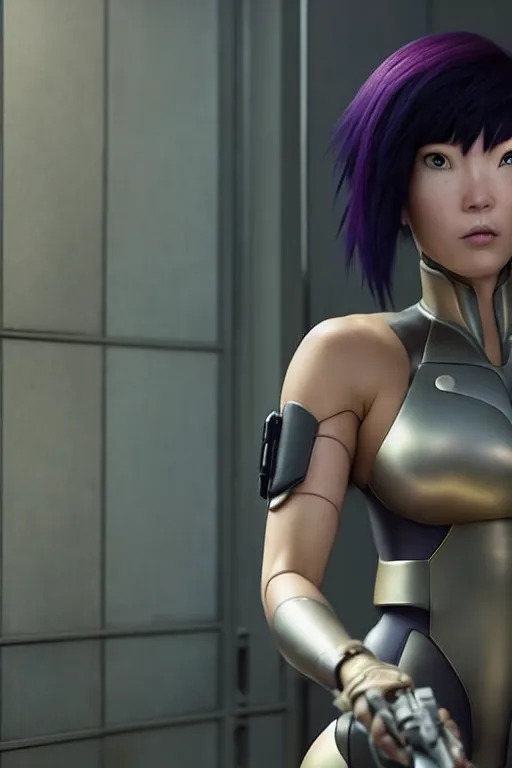 Image similar to weta disney pixar movie still portrait photo of motoko kusanagi the major ghost in the shell : : as cyborg woman by pixar : : by weta, wlop, ilya kuvshinov, rossdraws, artgerm, maxim cover, octane render, anime, octane render, 3 d, volumetric lighting, anti aliasing, raytracing : :