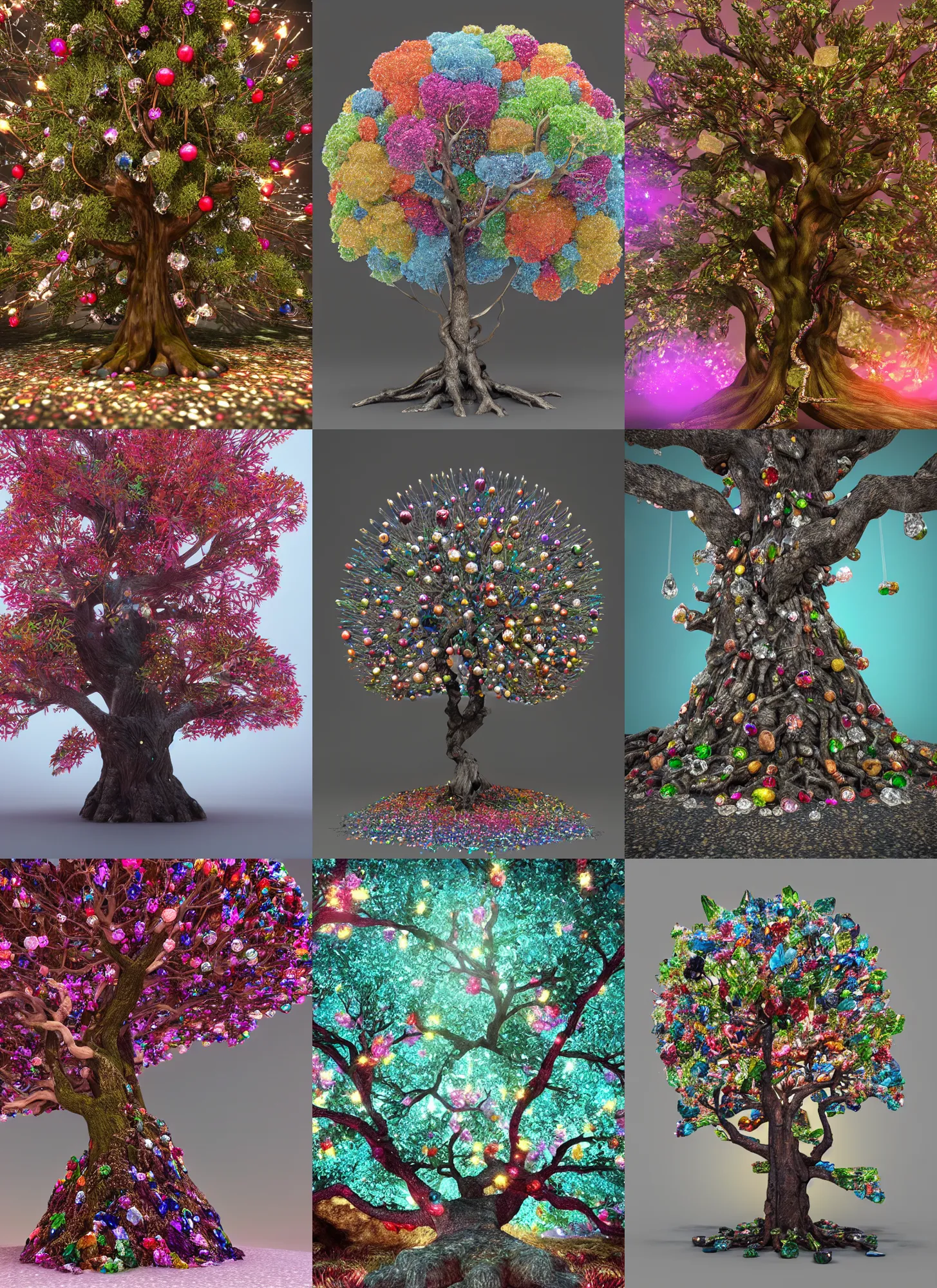 Prompt: 2 0 0 year old tree with crystals, gems and diamond for fruit, colorful, intricate branches, filigrane, octane render, unreal engine