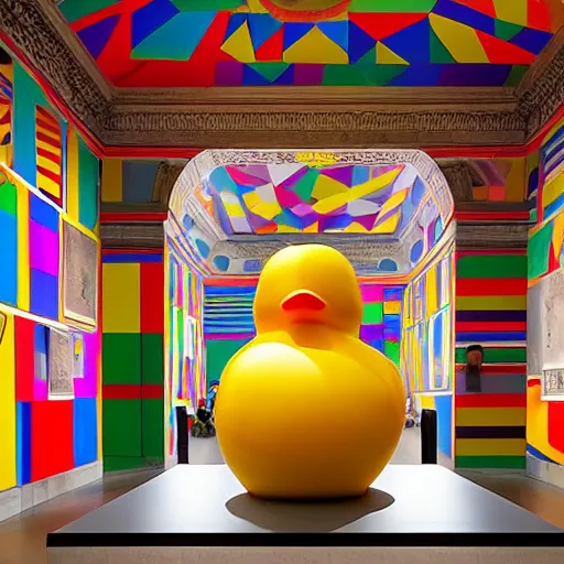 Image similar to wide shot, one photorealistic rubber duck in foreground on a pedestal in an museum gallery, british museum, the walls are covered with colorful geometric wall paintings in the style of sol lewitt, tall arched stone doorways, through the doorways are more wall paintings in the style of sol lewitt.