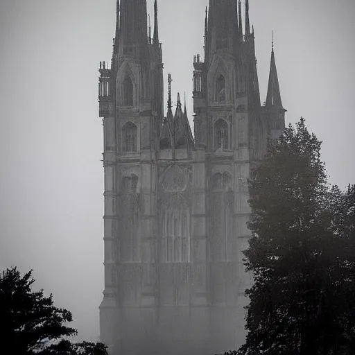 Prompt: Sprawling shot of a Vampire standing on top of a colossal gothic building, it is full moon and mist engulfed the streets; arstation, masquerade