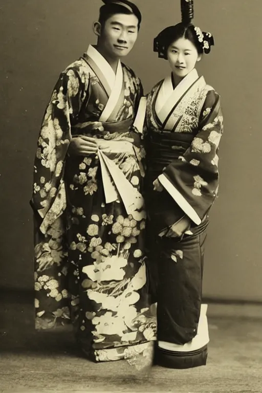 Image similar to anthropomorphic asian black bear in traditional Japanese mens clothing, posing with Japanese girl in kimono, 1900s photo