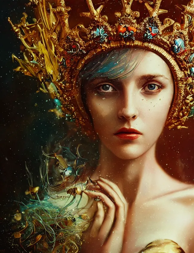 Prompt: blurred background. close-up portrait of a goddess in crown, by Anne Bachelier by Anka Zhuravleva, Anato Finnstark and Alena Aenami, Angus McKie
