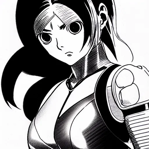 Image similar to alita by yukito kishiro. medium shot. black and white manga. pencil drawing. high detailed face