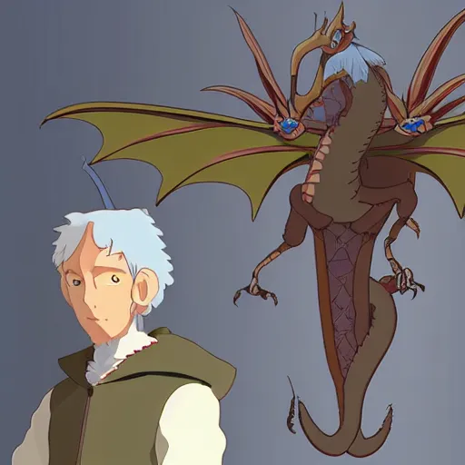 Prompt: friendly guy with flyling dragon around in ghibli artstyle, high detal, smooth, 8k,