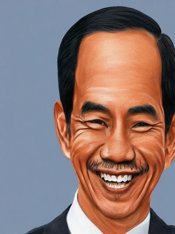 Prompt: photo of president joko widodo with simple smile and clean shaved, paint, detailed, digital art, artstation, portrait, hd 4 k, leyendecker